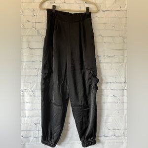 Silky Black High-Waisted Jogger Pants with Pockets Size M Sexy Evening Glam Goth